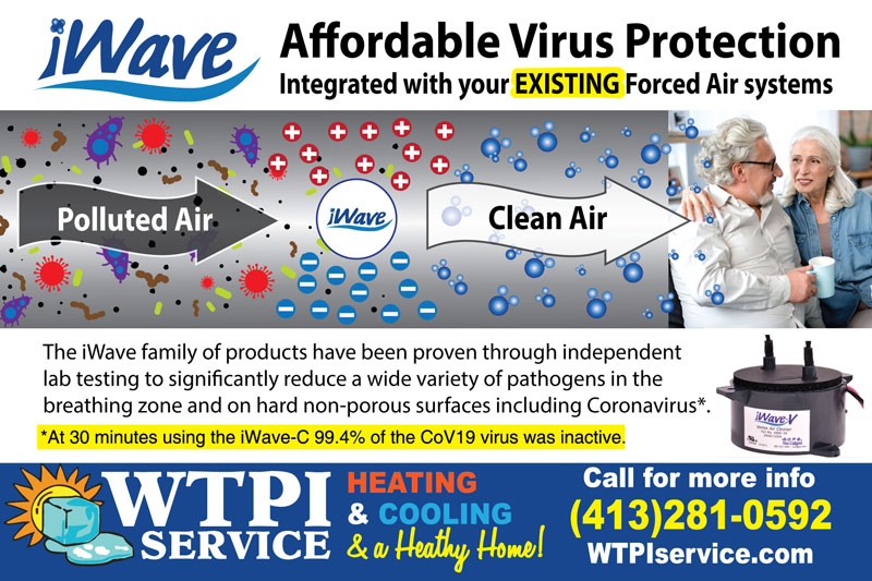 Advert for iWave air purification systems. - The iWave family of products have been proven through independent lab testing to significantly reduce a wide variety of pathogens in the  breathing zone and on hard non-porous surfaces including Coronavirus*.